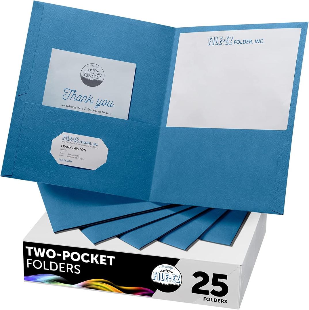 FILE-EZ Two-Pocket Folders, Light Blue, 25-Pack, Textured Paper, Letter Size (EZ-32520)