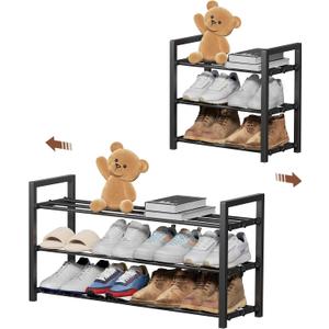 3-Tier Expandable Shoe Rack, Adjustable Shoe Shelf Storage Organizer Heavy Duty Metal Free Standing Shoe Rack for Entryway Closet Doorway (Black)(31"D x 10"W x 16"H)