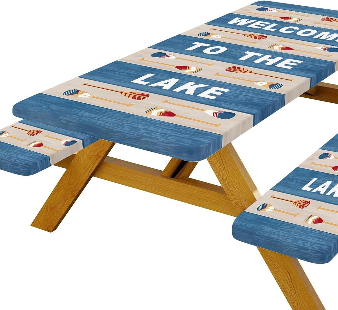 DYNH Picnic Table Cover with Bench Covers,Boat Paddle House Theme Decor,Welcome to The Lake Tablecloths,for 6 Ft Rectangle Tables and Seats,with Drawstring Bag(30x72 Inches)
