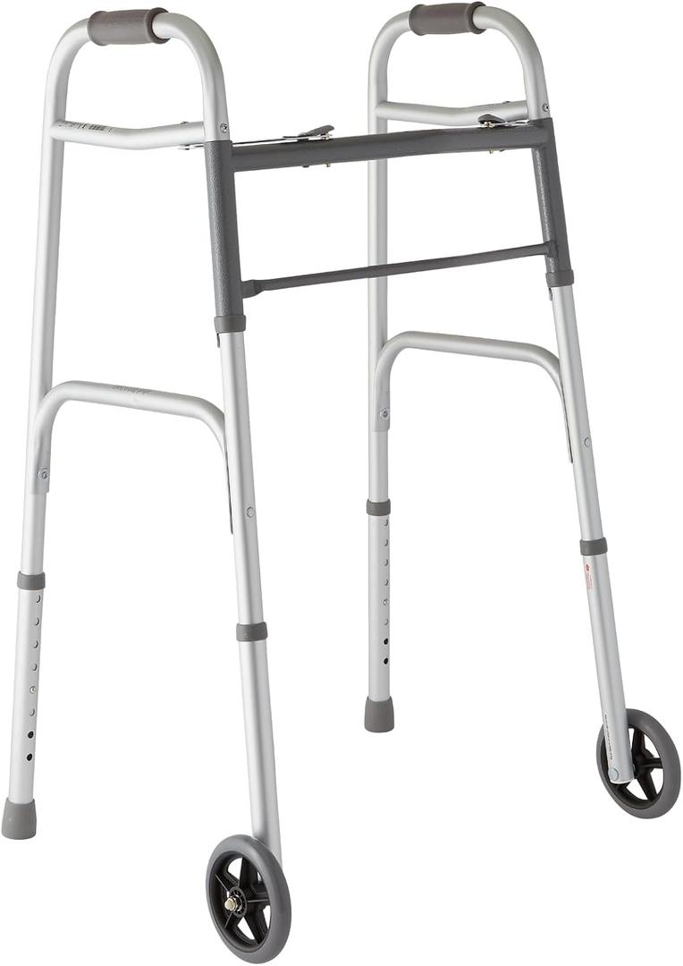 Medline Lightweight Two Button Folding Walker with 5" Wheels, Aluminum Frame Supports up to 300 lbs