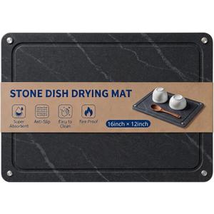 Black Stone Drying Mat for Kitchen Counter 16"x12” Soapstone Drying Mat | Eco-Friendly Natural Diatomaceous Earth Stone Drying Mat, Quick Drying , Marble Drying Mat for Kitchen Counter, Support 22 lb