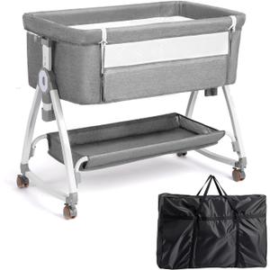JOYMOR 3 in 1 Baby Bassinet, Bedside Bassinet for Baby, with Comfy Mattress and Wheels, 6 Height Adjustable Easy Folding Portable Bedside Crib for Newborn (Gray)
