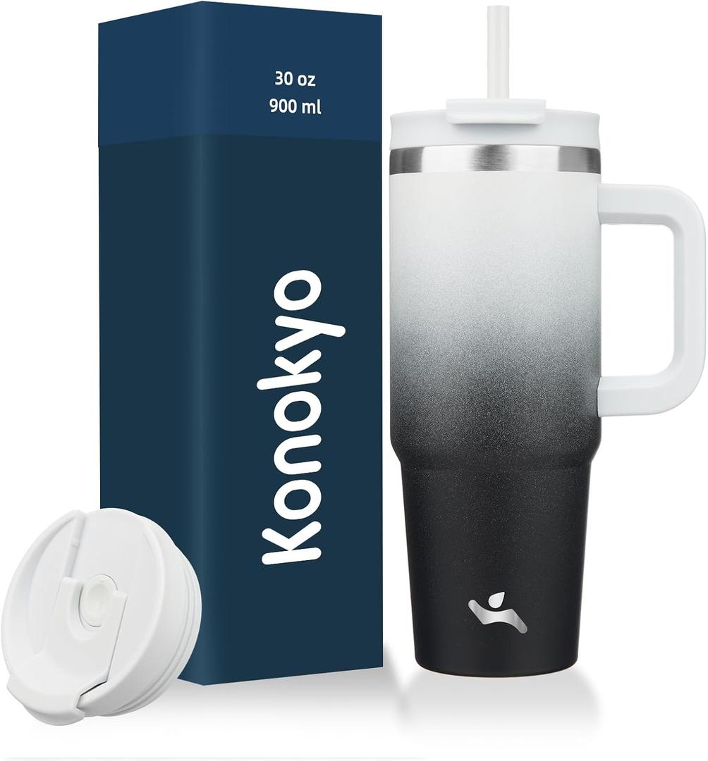 Konokyo 30 oz Tumbler with Handle and 2 Straws, 2 in 1 Lid Insulated Water Bottle Stainless Steel Travel Coffee Mug, Day Night