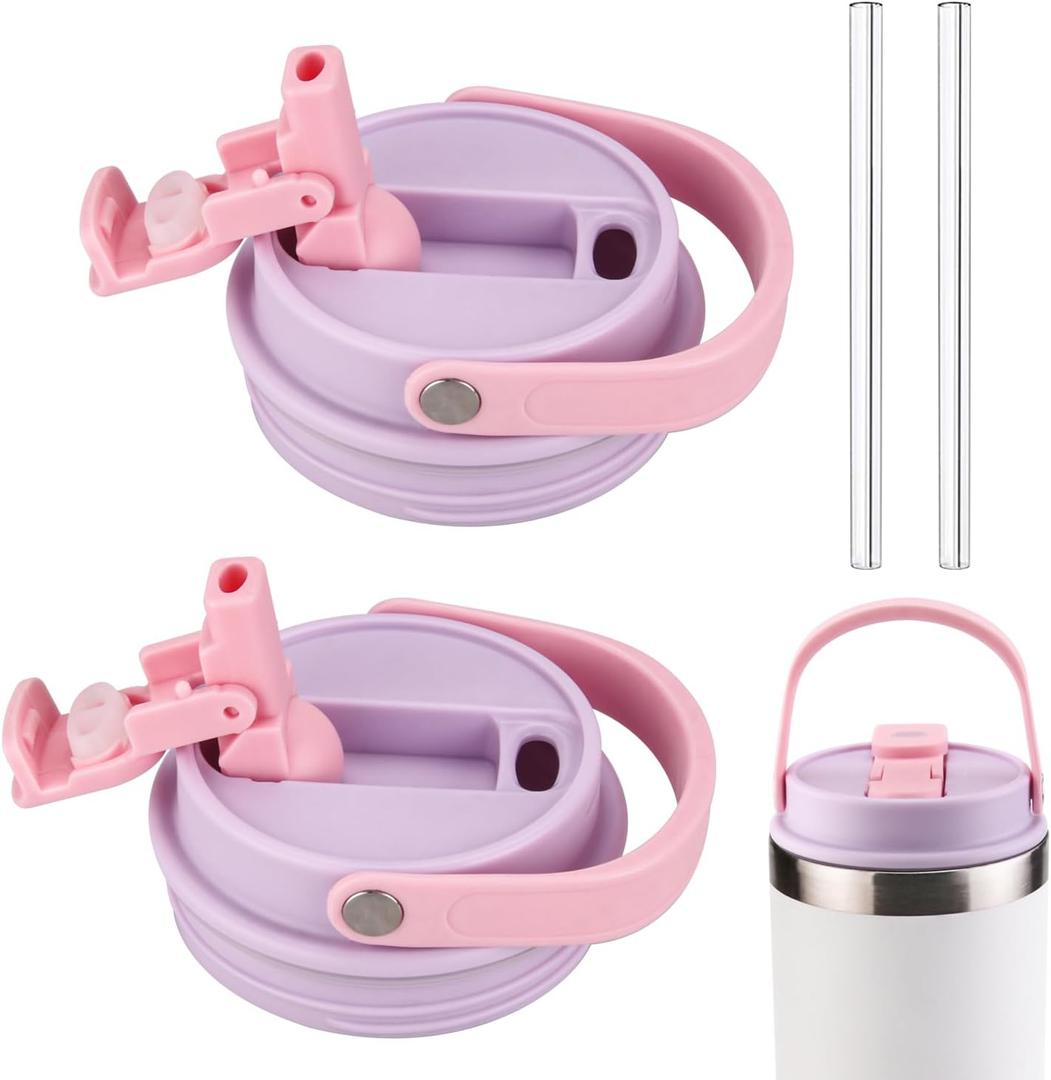 Lid compatible with STANLEY IceFlow Stainless Steel Tumbler 20oz, 30oz,Leak-Proof Splash Resistant Tumbler Top Replacement Reusable Tumbler Cover,With 2 straws (2, Light Purple)