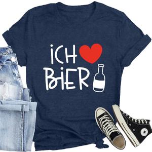 Oktoberfest Shirts for Women Ich Liebe Bier T-Shirts Casual German Oktoberfest Party Tee Tops (Blue, L)
