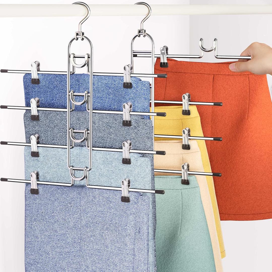 Pants Hangers With Clips, Newly Upgraded Detachable Space Saving Hangers for Skirts, Shorts & Trousers with Non slip clip,Heavy Duty Skirt Hangers - Hanging Closet Organizer And Storage,Patent Pending, 2pcs