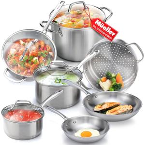 Mueller Pots and Pans Set 11-Piece, Ultra-Clad Pro Stainless Steel Cookware Set, Ergonomic and EverCool Stainless Steel Handle, Includes Saucepans, Skillets, Stockpot, Saute Pan, Steamer (Silver)
