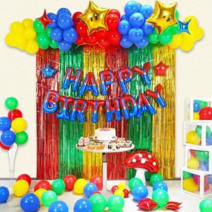 GoGoGoodie Cartoon Super Bros Birthday Party Decorations Supplies, 118pcs Game Bros Theme Red Green Blue Yellow Balloon Arch Garland Kit for Kids Boys