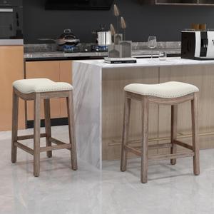27" Backless Saddle Counter Stools Set of 2, Hand-brushed Wood Finish Legs