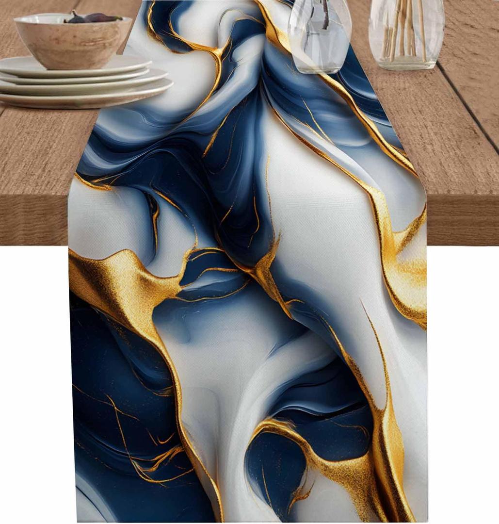 Marble Texture Table Runner 13x72 inch, Dark Blue White Fluid Art Dinning Table Runner for Farmhouse Wedding Party Barbecue Table Decor