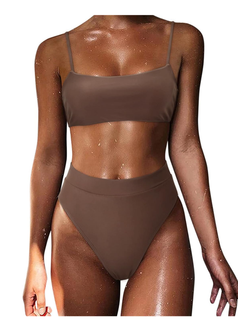 MOSHENGQI Women High Wasited Bikini Shoulder Strap 2 Piece High Cut String Swimsuits, Size: S