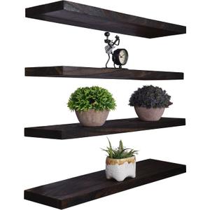 Wood Floating Shelves for Wall Decor, Rustic Wall Shelves for Bedroom Bathroom Kitchen Living Room, Set of 4 Walnut 24 Inch