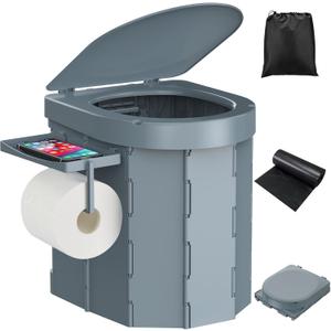 Portable Camping Toilet, Foldable Toilet for Adults with Detachable Phone Shelf and Toilet Paper Holder, Waterproof Porta Potty with Lid for Camping, Hiking, RV Travel, Road Trips (Gray)