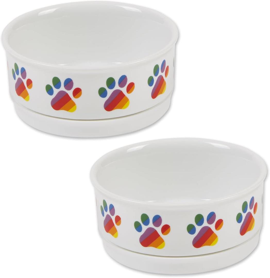 Bone Dry Ceramic Food Bowls, Non-Slip & Dishwasher Safe, Small Set, 4.25x2, Rainbow Paw, 2 Count