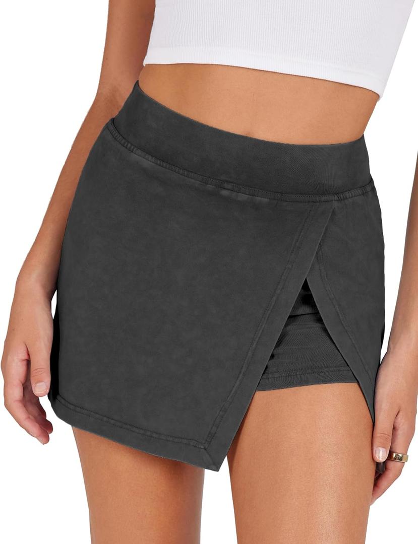 Lianlive Women's Mini Skirt High Waist Casual Split Hem Black Skort Athletic Tennis Bodycon Skirts with Inner Shorts (Medium)