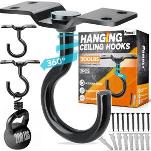[UPGRADED] 2Pcs 200LBS Rotatable Ceiling Hooks with 4 Screw Points Base, Wall Mount Metal Hanger Black Ceiling Hook for Hanging Plant, Bird Feeder, Lights, Bed Canopy, Wind Chime, Indoor Outdoor Decor