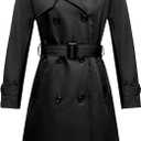 poonyfesh Women's Waterproof Long Trench Coat Double Breasted Windbreaker Classic Lapel Belted Coat With Detachable Hood Black Medium