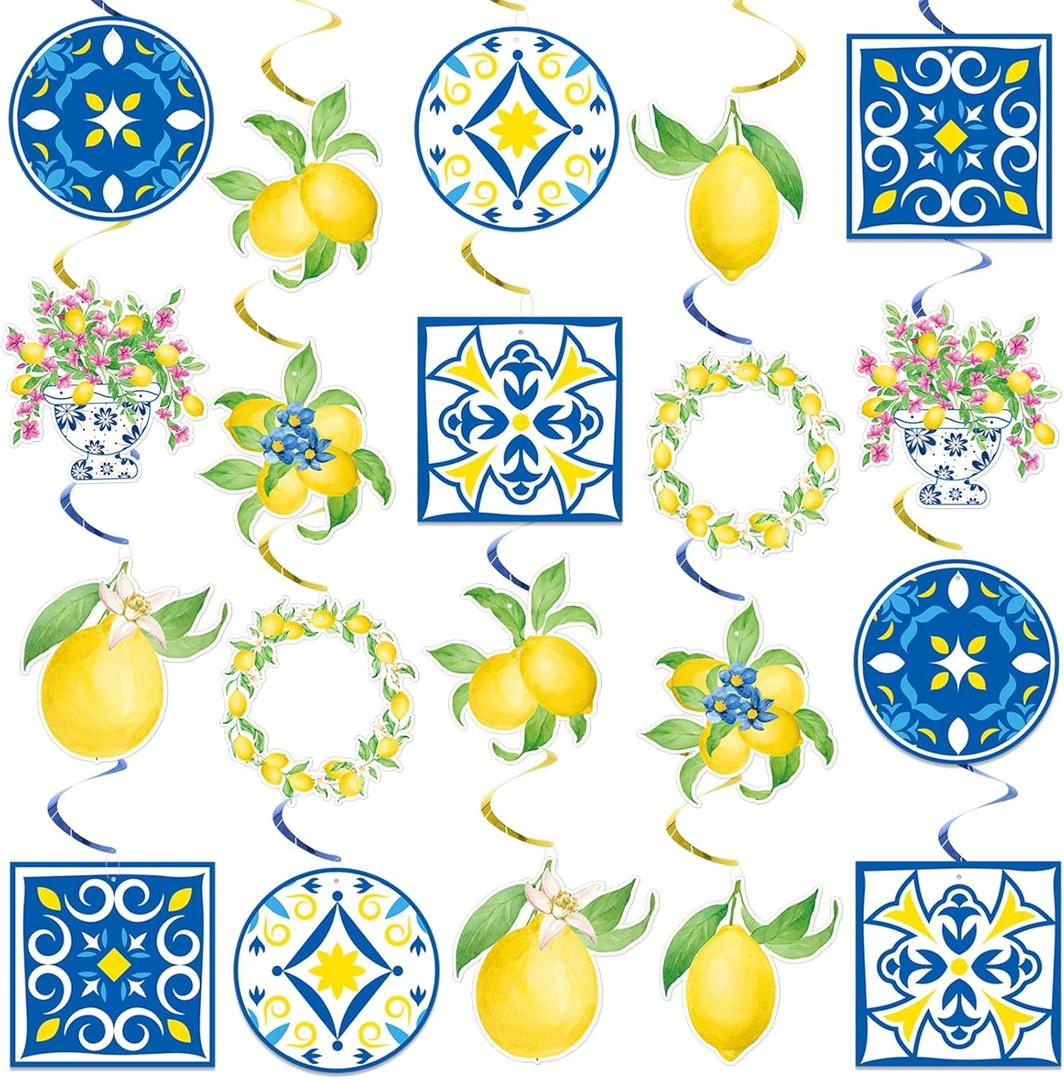 Capri Lemon Blue Yellow Tiles Spiral Hanging Swirl Decorations Mediterranean Amalfi Coast Ceiling Streamers for Positano Party Italian Summer Wedding, Birthday, Bridal Shower Bachelorette Fiesta Decor