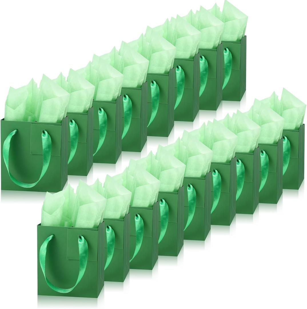 Tenare 12 Pcs Small Gift Bags Mini Paper Bags Bulk Tiny with Handle Tissue for Jewelry Gift Wrapping Happy Mother's Father's Day Birthday Graduation Party Supply(7 * 4 * 9inch,Green)