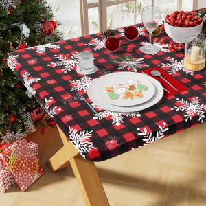Misaya Rectangle Vinyl Tablecloth, Fitted Table Cover, Waterproof, Elastic Edge, Flannel Backing, Plastic Table Cloth Fit 8 Foot Folding Tables for Christmas Dinner (Buffalo Snowflakes, 30x96 Inch) (Red and Black)