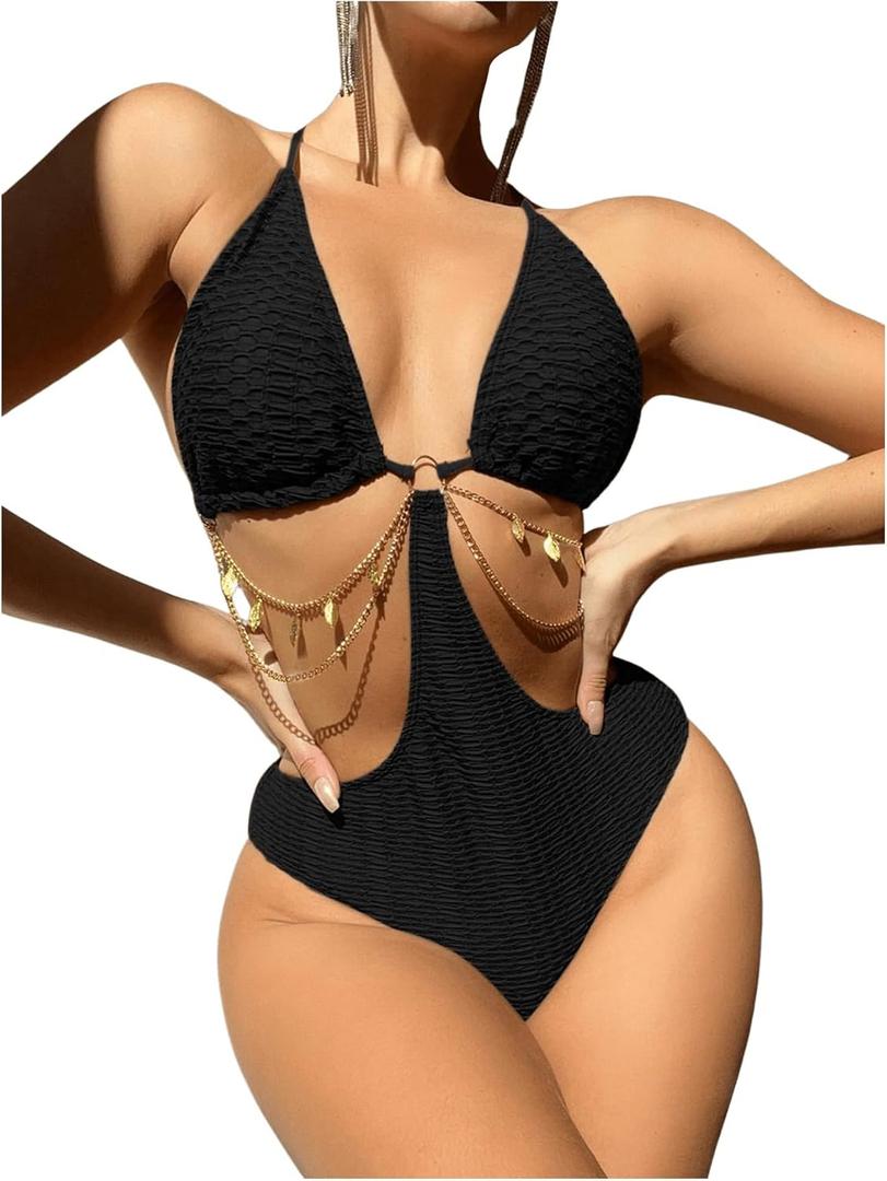OYOANGLE Women's Chain Linked Cut Out Halter One Piece Swimsuit Tummy Control Bathing Suit (Medium, Black)