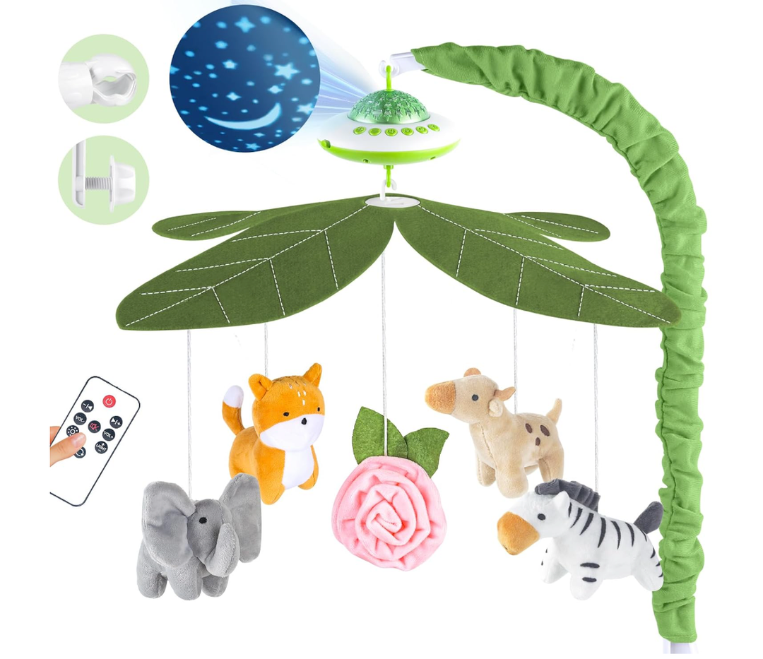 Playix Baby Crib Mobile with Music and Lights, Nursery Baby Mobile for Crib Bassinet with Remote Control, Rotation, Starlight Projection, Crib Toys for Babies Boys Girls Green
