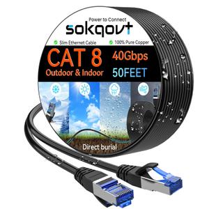 Sokqovt Cat 8 Ethernet Cable Slim 50ft Outdoor&Indoor, Pure Copper Cat8 Internet Cable for Waterproof & Direct Burial, Flexible Cat8 Ethernet Cable 40G 2000MHZ, Cat 8 Network Cable for Indoor Black