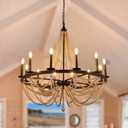 Wellmet Wood Bead Chandelier 38", 12 Light Black Wagon Wheel Chandelier, Farmhouse Dining Room Pendant Light Fixtures Bohemian Coastal Chandeliers for Foyer, Kitchen, Living Room, Entryway, Bedroom