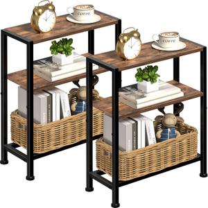 Narrow Side Table for Small Space Set of 2, 3Tier Small End Table with Shelf Holder, Slim Nightstand, Skinny Snack Couch Table in Living Room, Bedroom, Study, Kitchen and Balcony（Rustic Brown)