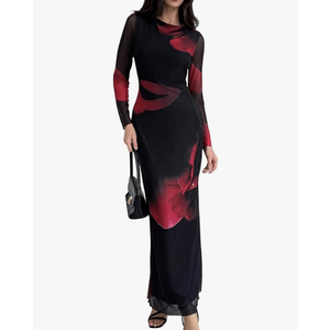 Milumia Women's Tie Dye Mesh Bodycon Dresses Floral Long Sleeve Maxi Dresses, Size S.