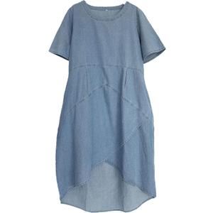 Tebreux Women's Linen Midi Dress Oversized Short Sleeve Sundress Baggy Tunic Dresses with Pockets (Jean Blue)