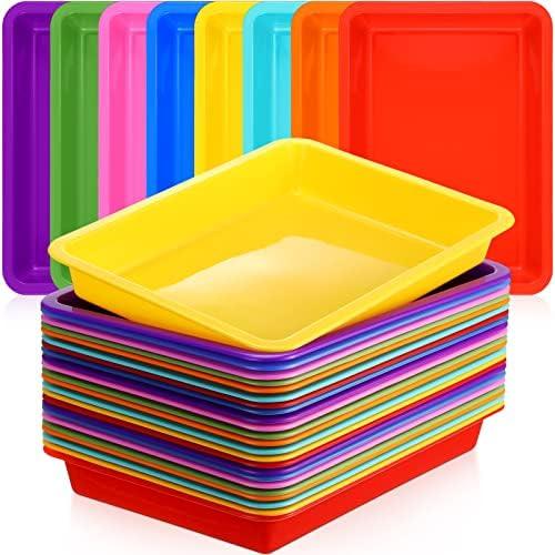 Maitys 24 Pcs Art Trays Plastic Activity Tray for Kids Craft Stackable Shallow Storage Organizer Serving for DIY School Books Home Painting Projects 9.45 x 7.1 x 1.38 Inch (Mixed Color)