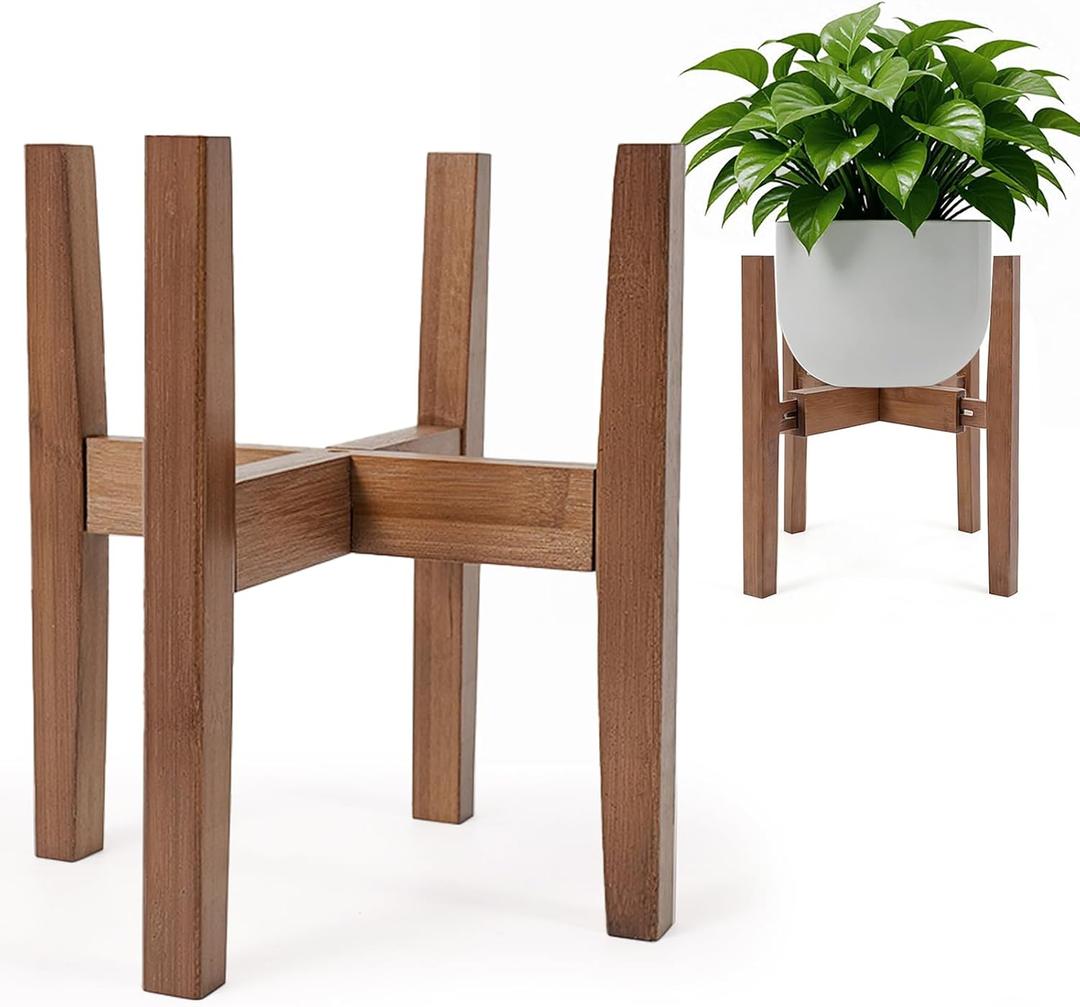 Natural Bamboo Plant Stand Indoor, Adjustable Plant Shelf Indoor Fits 8-12 Inch Pots, Mid Century Modern Decor to Refresh Your Space(Pot & Plant Not Included)