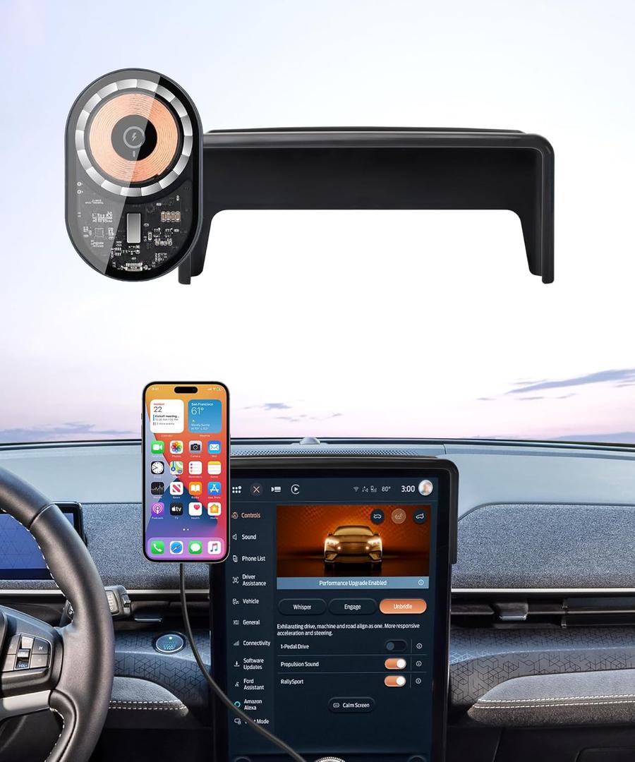 Wireless Charging car Phone Holder for Ford Mustang Mach-E 2021-2025 Accessories 15.5 inch Screen Fixed Clip,360 Rotation car Phone Mount Compatible with MagSafe
