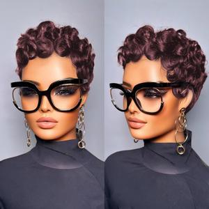 Pixie Cut Human Hair Wigs for Black Women Short Layered Curly Pixie Cut Wigs With Bangs Deep 99j Color for Daily Use Glueless Brazilian Virgin Curly Human Hair Wig (Deep 99j)