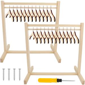 26 Pcs Wood Doll Garment Rack with Wooden Clothes Hanger Mini Wooden Girl Doll Clothes Hanger Organizer Storage Shelf for 18 Inch Girl Doll Clothes Baby Dollhouse (Color Set 1)