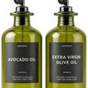Verspace UV-Protected Green Glass Olive Oil Dispenser Bottles For Kitchen - 2 Pack - 17oz Includes 40 Kitchen Essential Labels, Avocado Oil Dispenser Set, Modern Decor for Home, Airbnb, Cafe