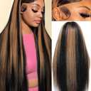 KUKIM 30 Inch Ombre Straight Wigs Human Hair 13x6 HD Transparent Lace Front Wigs Human Hair Pre Plucked 200 Density Highlight Real frontal Wig Can Last 6-9 Months Tangle-Free Natural Black for Women