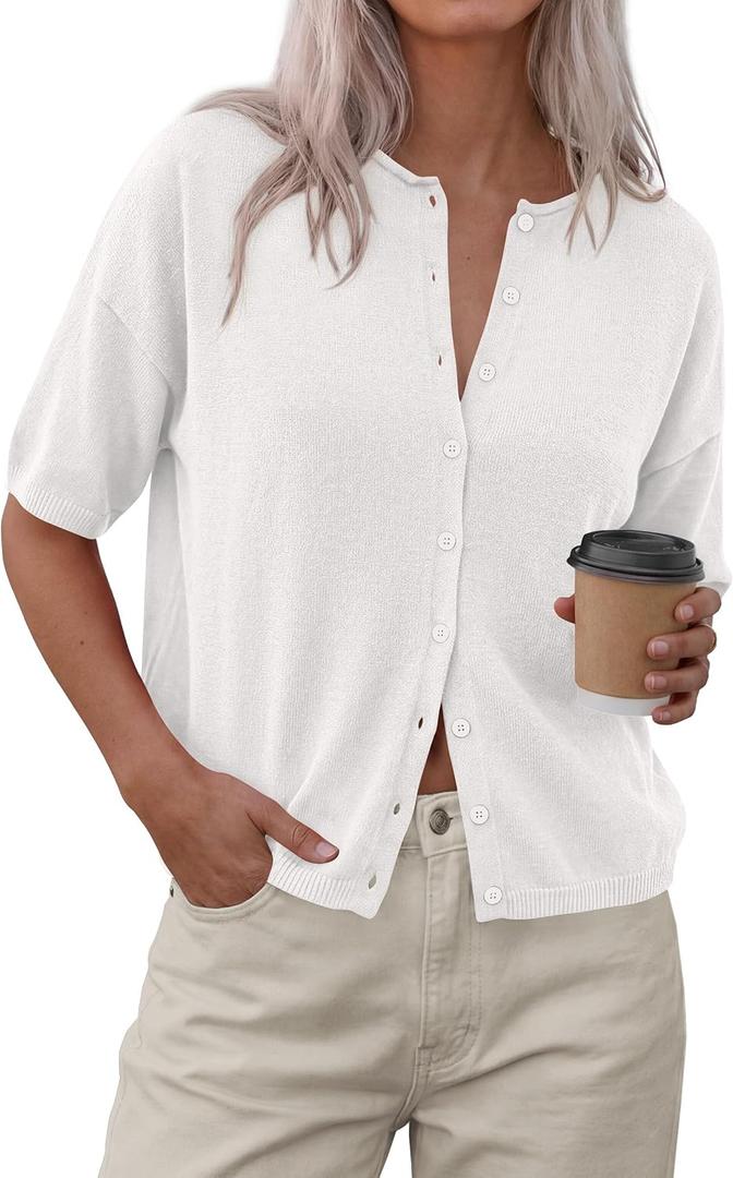 PRETTYGARDEN Women Spring Short Sleeve Cardigan Sweaters Button Down Knit Shirt Blouse Dressy Casual Tops 2026 Summer Outfits (White, XXL)