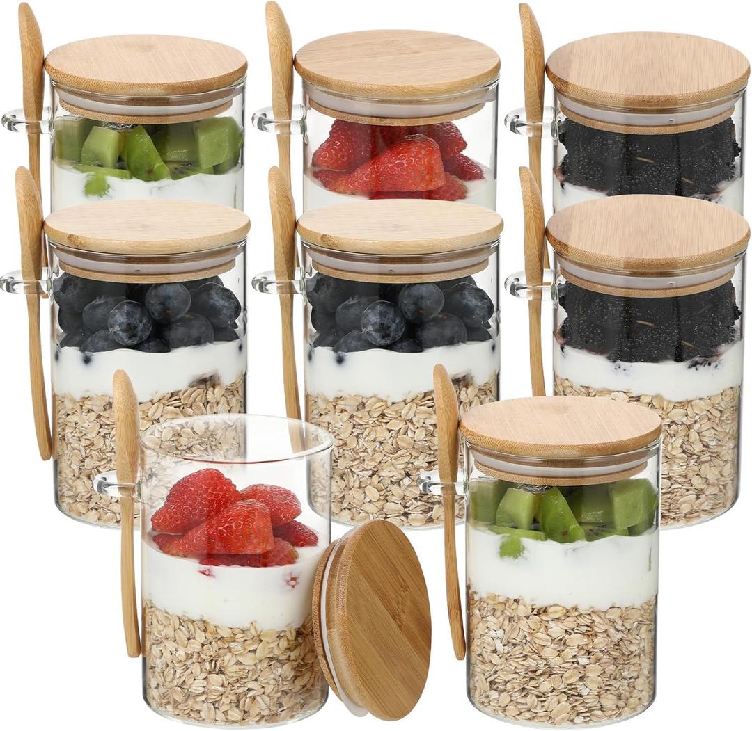 Overnight Oats Containers with Bamboo Lids & Spoons, 18oz Glass Jars for Meal Prep, Chia Seed Pudding, Salad, Cereal, Sourdough Starter, Food Storage Jars for Breakfast & Snacks (8 Pack)