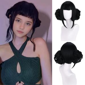 WTHCOS Short Black Wig with Buns for Kids Gilrs Short Black wig With Bangs Cartoon Movie Halloween Cosplay Costume Animie Wigs