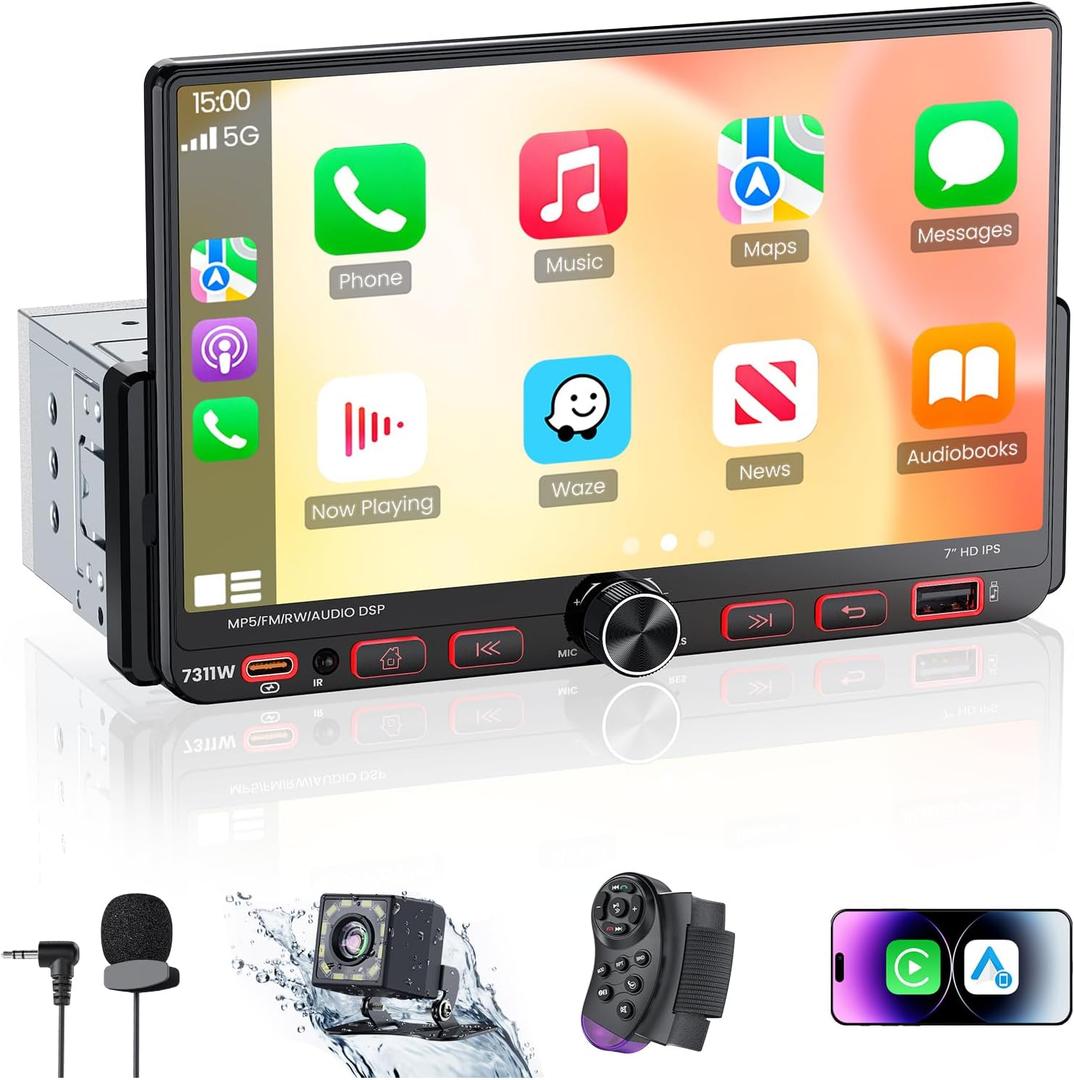 7Single Din Radio with Apple CarPlay & Android Auto, UHD Single Din Touchscreen Car Radio, Car Stereo with 1080P Backup Camera, Mirror Link, Bluetooth 5.3, GPS, AM&FM, Fast Charging, EQ, SWC