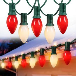 Pallerina C7 LED Christmas Lights,25ft Red and White Outdoor String Lights with 27 Ceramic Bulbs(2 Spare), Plug-in Vintage Commercial Christmas Lights String for Outside Roofline Patio Holiday Decor
