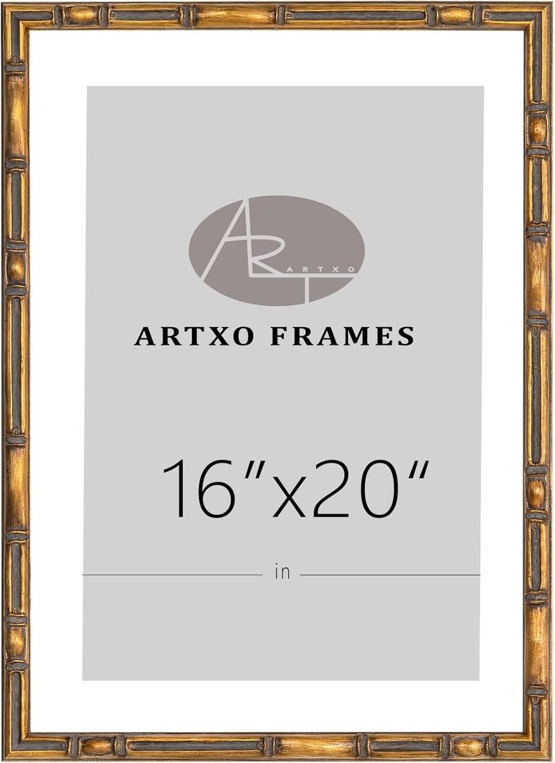 ArtXO 16"x20" Picture Frame Wooden, Display Pictures 11"x14" with Mat or 16"x20" Without Mat, Gold Bamboo Poster Frames,Hanging Photo Frame Wall (Gold03(wide:17.5mm)(with Mat,Plexiglass,Back))
