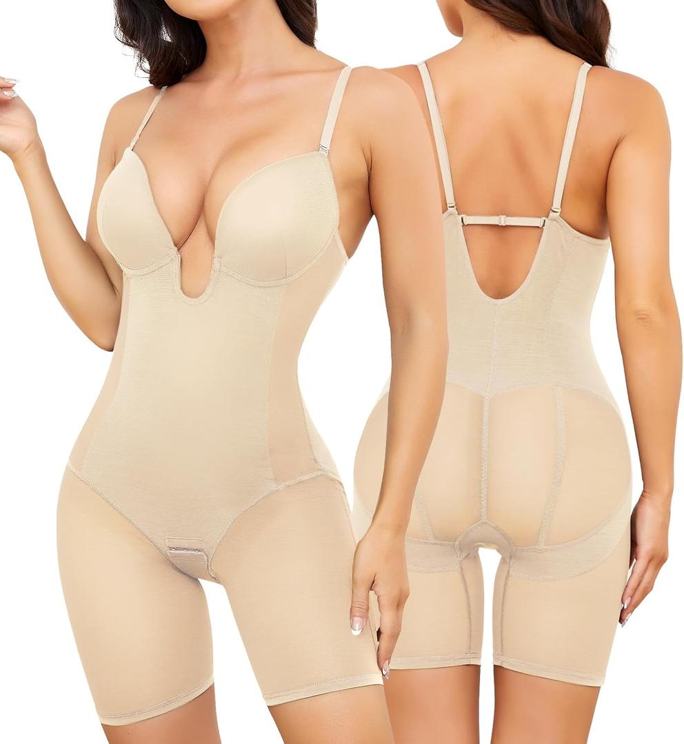 Slimers Body Shaper for Women Tummy Control U Plunge Backless Full Body Shapewear Mid Thigh Mesh strapless Bodysuit Top (3X-Large, Beige)