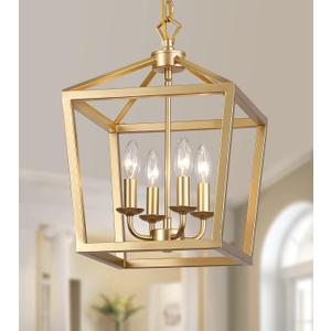 Gold Lantern Chandelier Hanging Pendant Light Fixture 4-Lights for Kitchen Island Dining Room Hallway Entryway Foyer UL Listed, 17.5 inches