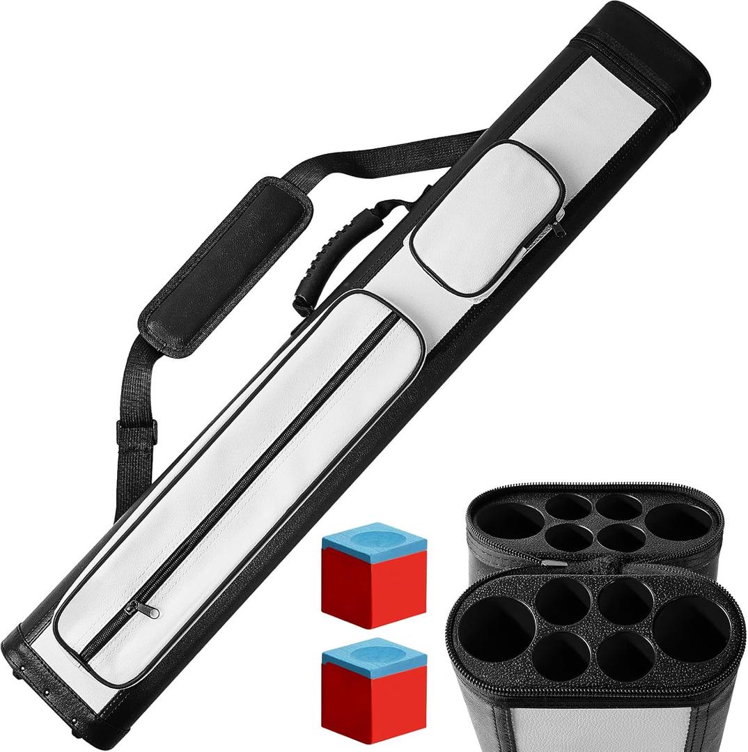 Deekin 2 x 4 Hard Oval Pool Cue Billiard Stick Carrying Case Billiard Cue Cases for 2 Stick 6 Holes with 2 Chalk, 32 x 5.5 x 3.75 Inches (White)