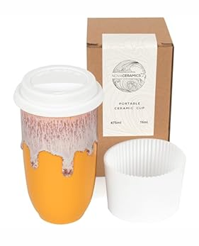 NOVA CERAMICS Ceramic Tumbler– Ceramic Travel Mug With Lid – Microwave & Dishwasher Safe Coffee White & Orange Tumbler - Gifts For Women Men Him Her – 16oz – Grapefruit