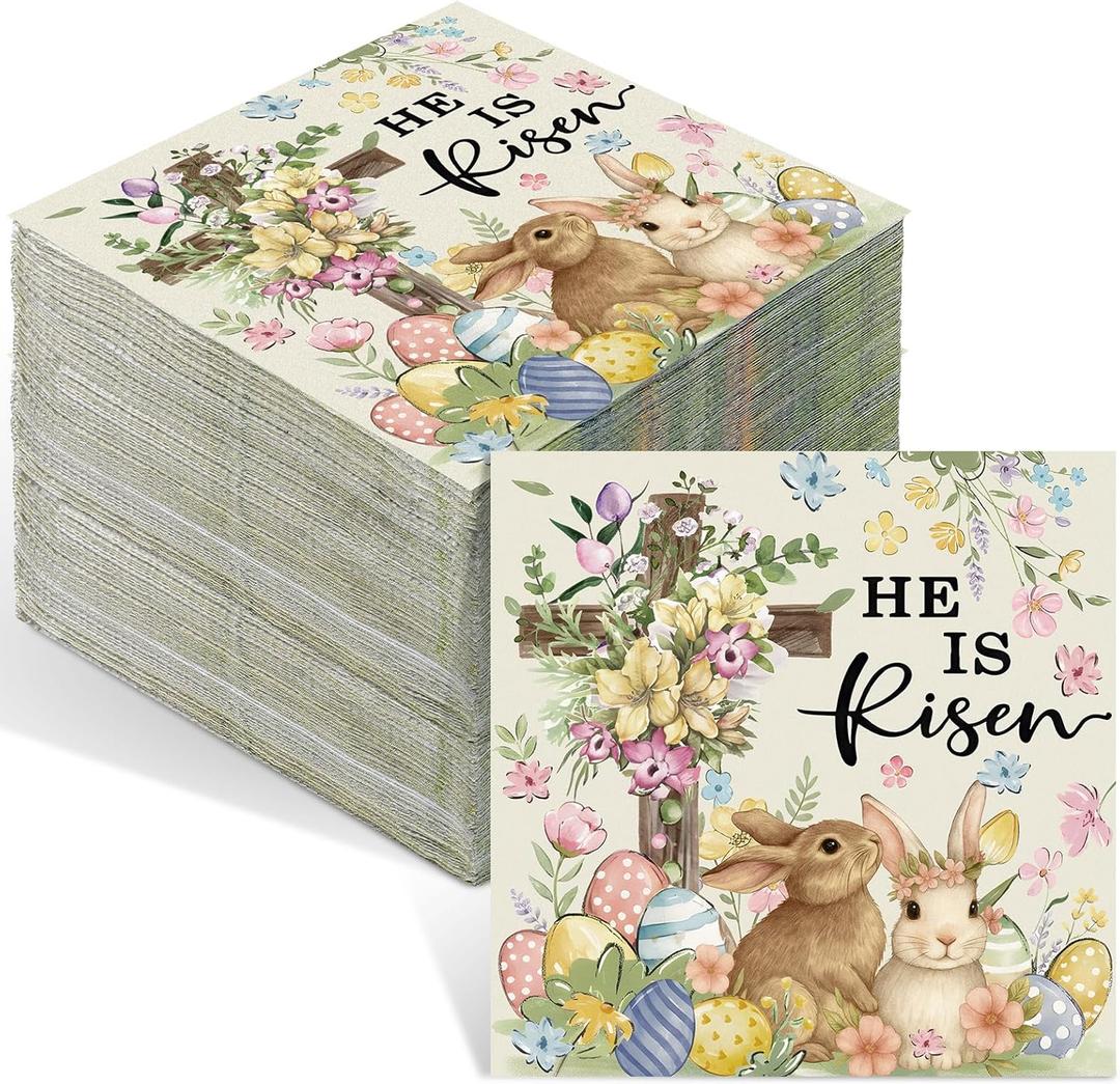 Crtiin 100 Pack Easter Napkins He is Risen Easter Cocktail Napkins Watercolor Seasonal Bunny Rabbits Eggs Paper Disposable Hand Towels for Bathroom Tea Party Bridal Shower, Baby Shower, Birthday