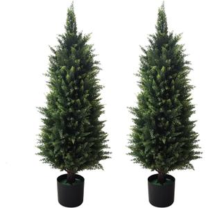 2 Pack 37 Inch Artificial Cedar Topiary Trees for Outdoor Front Porch Dcor - UV Rated Fake Plants for Indoor and Outdoor Use, Potted Shrubs for Front Door, Office